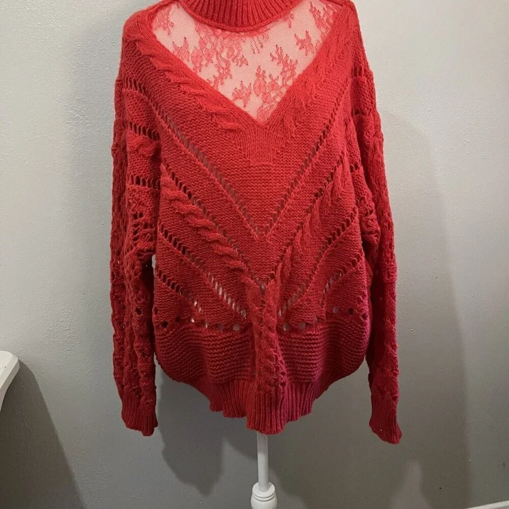 BiBi Knit Sweater Lace Collar Red Open Knit Chunky Size XL